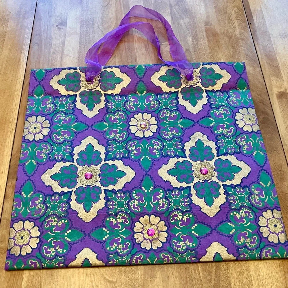 Gorgeous embellished gift bag in purple, green and gold, 16x14x6”